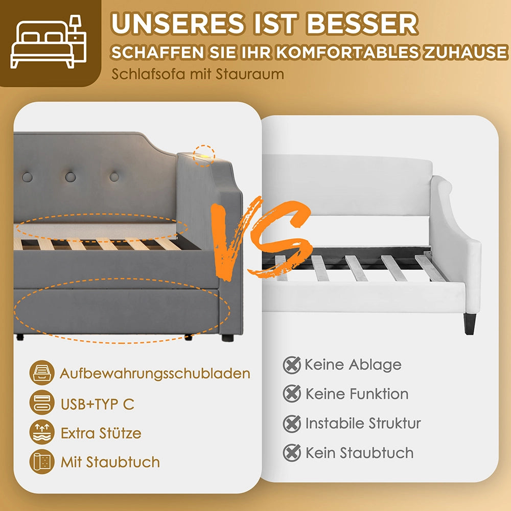 Letto a sedia con luce USB-C - Xylo - 90x200 cm - Grigio - 2 cassetti