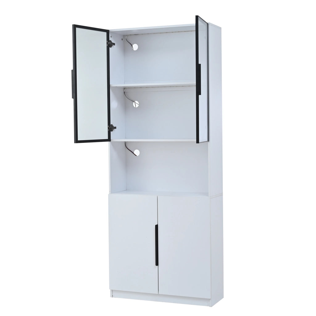 Vetrina con ante in vetro; vano aperto e illuminazione LED - 80x30x200 cm - bianco
