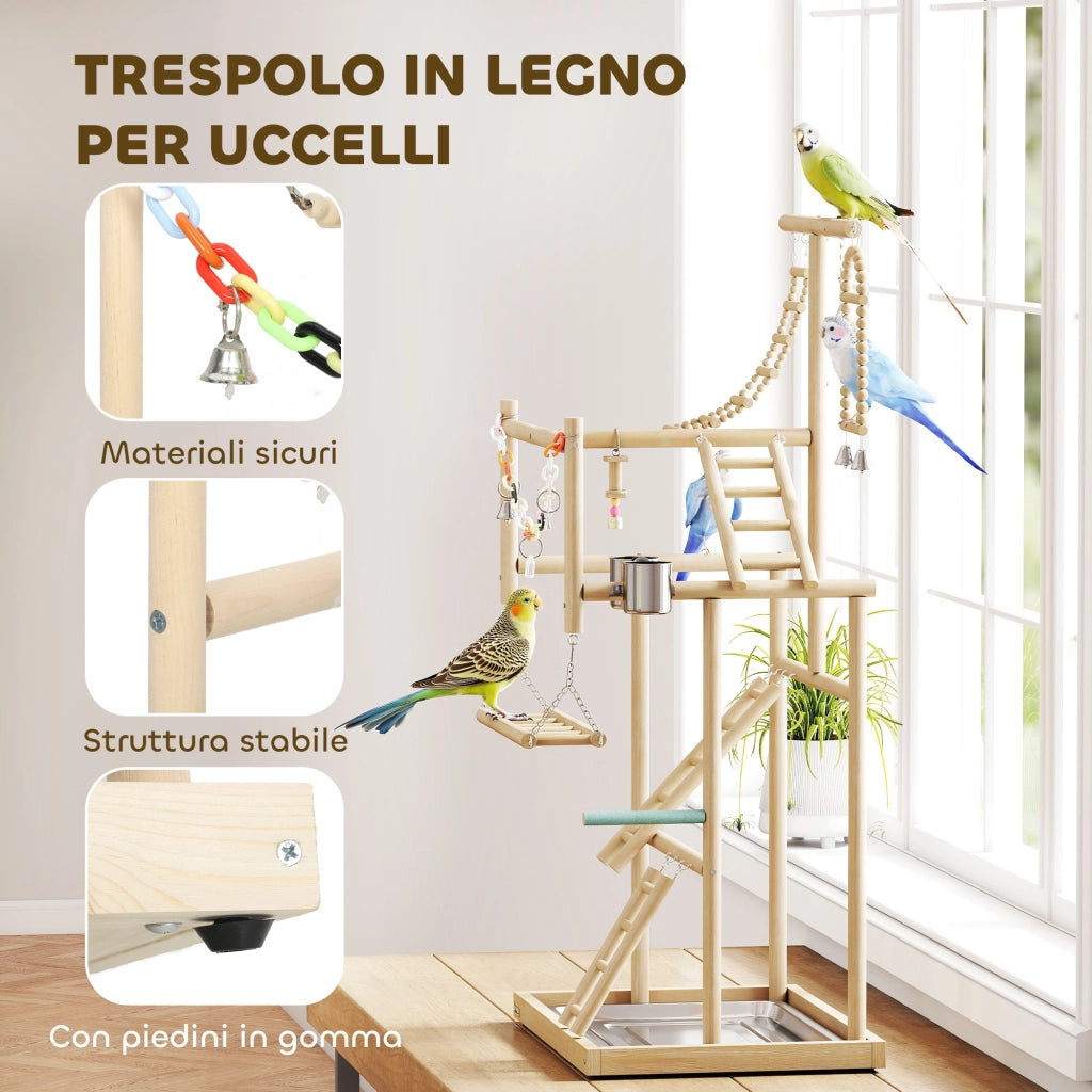 Trespolo per Pappagalli 48x38x95 cm con Giochi Vassoio Rimovibile e Posatoi in Legno Naturale