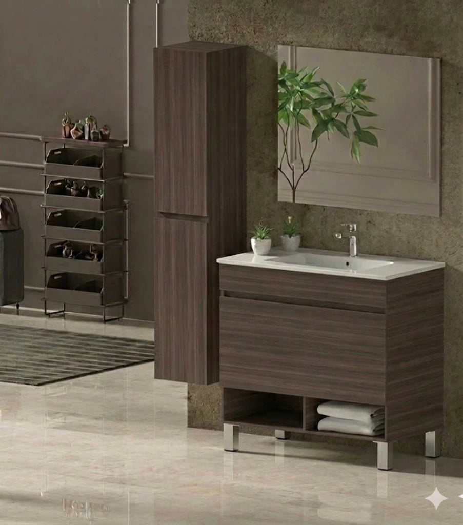 Mobile Bagno NEBARI com gambe Già Montato 1 cassetto, lavabo e specchio Frassino tea 120x45 cm doppio lavabo con colonna