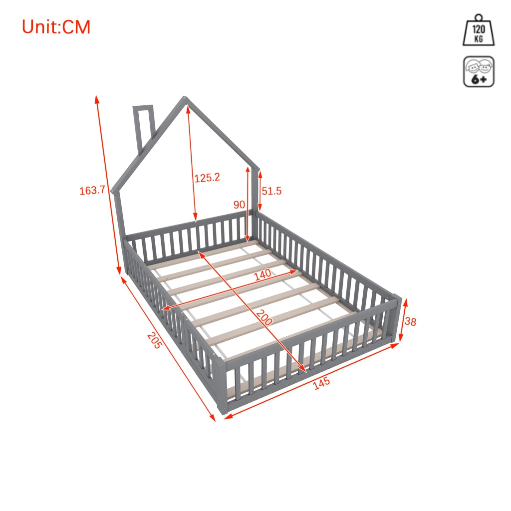 LETTO per bambini 140x200 cm con rete di sicurezza e rete a doghe grigio