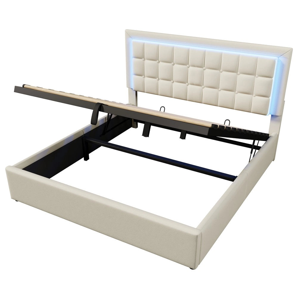 Letto Contenitore Imbottito con LED ¨C Xylo ¨C Similpelle Bianco, 160x200, con Materasso