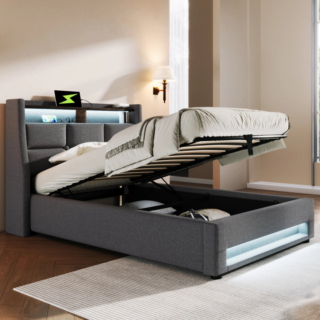 OKWISH Letto Singolo 90×200 cm con Contenitore, USB, LED Regolabile e Mensola, senza Materasso, in Lino, Grigio