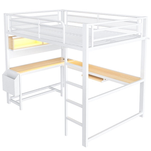 Letto a soppalco con scrivania 140x200 cm LEMONMAX, LED 7 colori, 2 prese e 2 USB, mensole, struttura in metallo, bianco