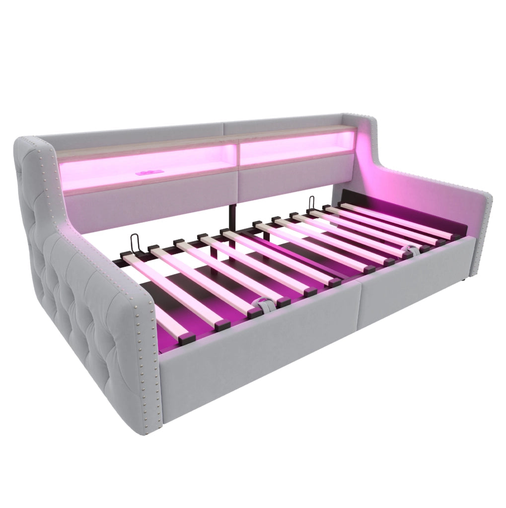 Divano letto imbottito 90x200 cm in velluto grigio chiaro con contenitore; LED e prese