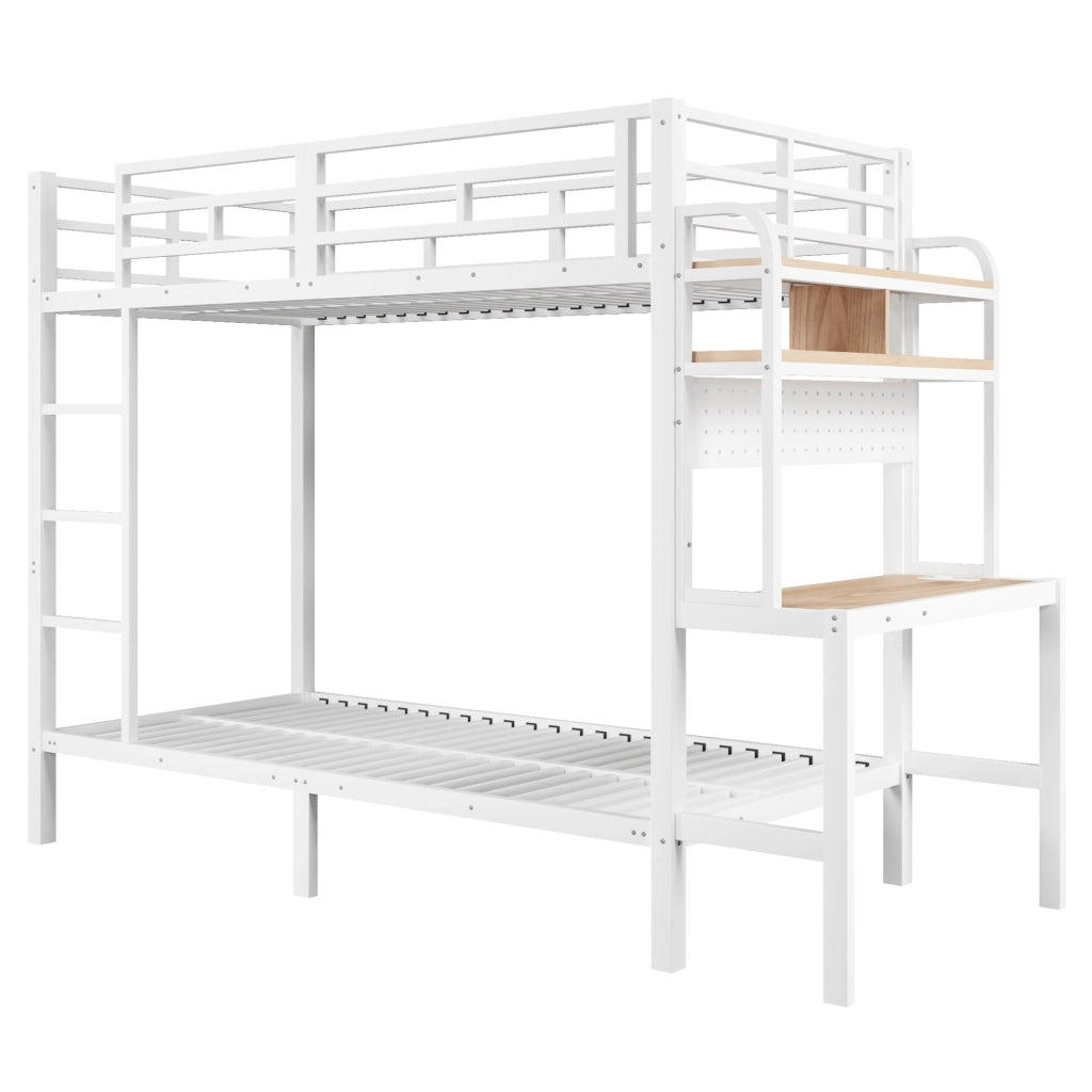 Letto a castello 90x200 cm con scrivania, mensole, LED e USB bianco