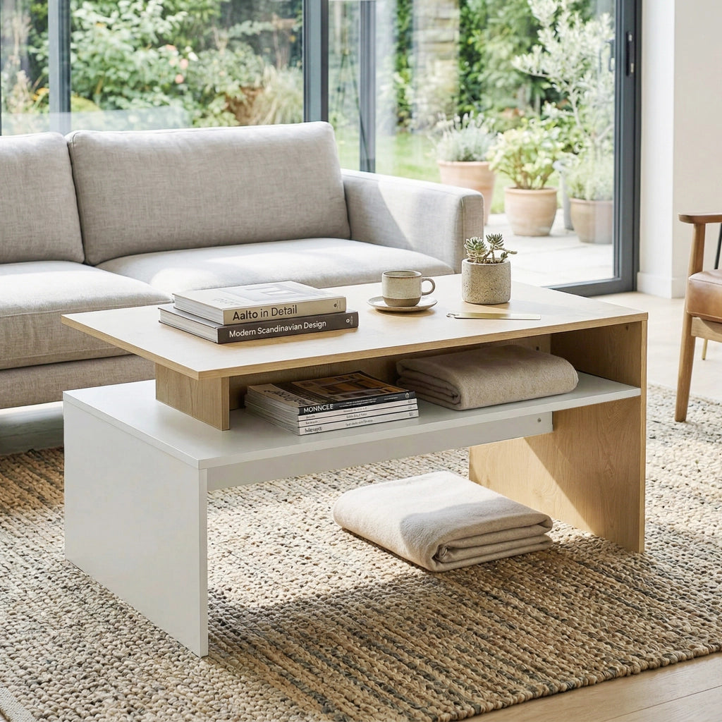 Tavolino da Salotto Bicolore con Mensola Asimmetrica ¨C zephmum ¨C Legno Naturale e Bianco 95x55x50 cm
