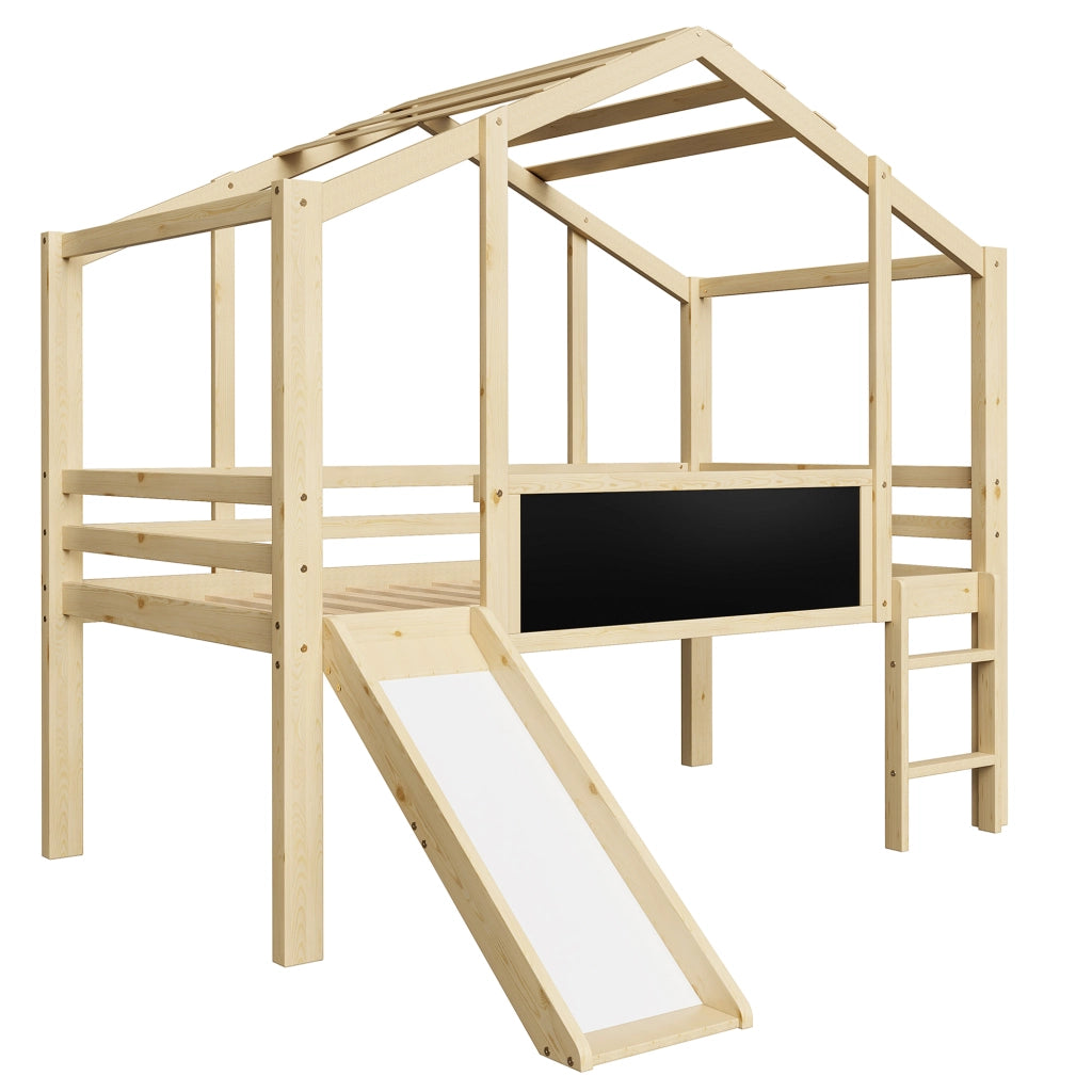 Letto a soppalco per bambini 90×200 cm con scala; scivolo e lavagna; senza materasso; legno massello; naturale
