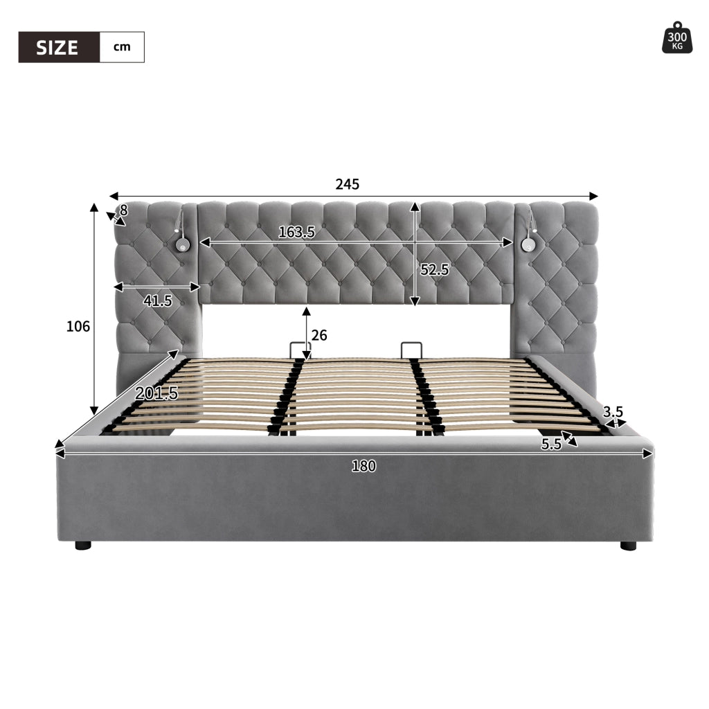 DESMIU Letto con contenitore 180 × 200 cm 2 posti con luce da lettura, vano idraulico e senza materasso, in velluto grigio
