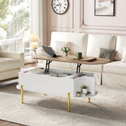 Tavolino da caff¨¨ sollevabile 120 x 50 x 43 cm con vano contenitore nascosto, MDF bianco e piano effetto legno naturale