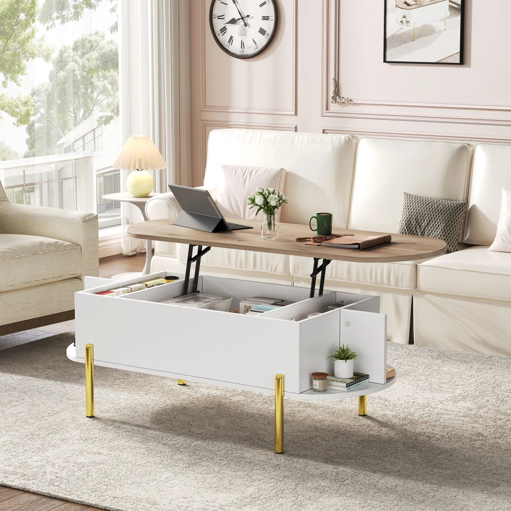 Tavolino da caff¨¨ sollevabile 120 x 50 x 43 cm con vano contenitore nascosto, MDF bianco e piano effetto legno naturale