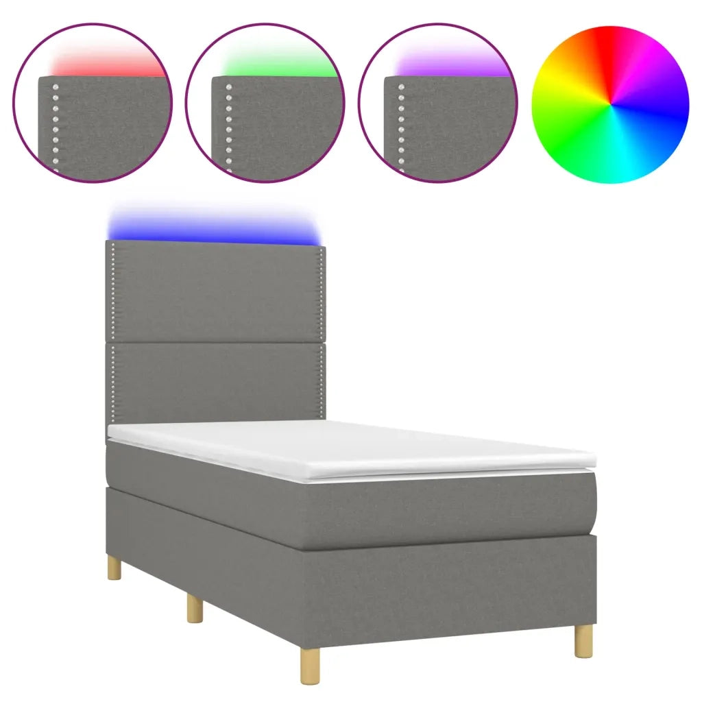Letto singolo | Letto per adulti | Letto a Molle Materasso e LED Grigio Scuro 90x190 cm in Tessuto