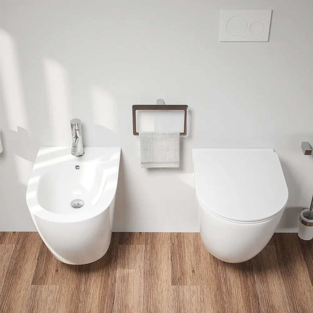 Coppia di sanitari sospesi in ceramica bianco lucido vaso rimless con copriwc soft-close e bidet | Europa Small