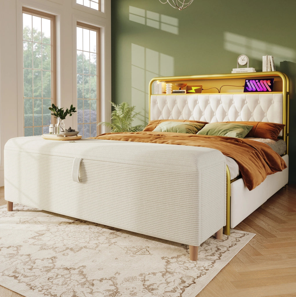 Panca contenitore da letto 165 x 38 x 46 cm in tessuto effetto corda beige con struttura in legno