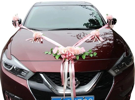 Decorazione di Auto per Matrimoni - Fiori Grandi/Piccoli - Polyester/Kunststof - Lunghezza Totale 4,5 m - Incluso Filo - Rosso/Rosso - Decorazione di Auto per Matrimoni