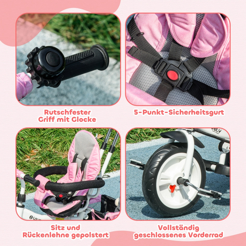 Triciclo 6-in-1 con maniglia, tettuccio e cestino ¨C Xylo ¨C Rosa, 1-5 anni