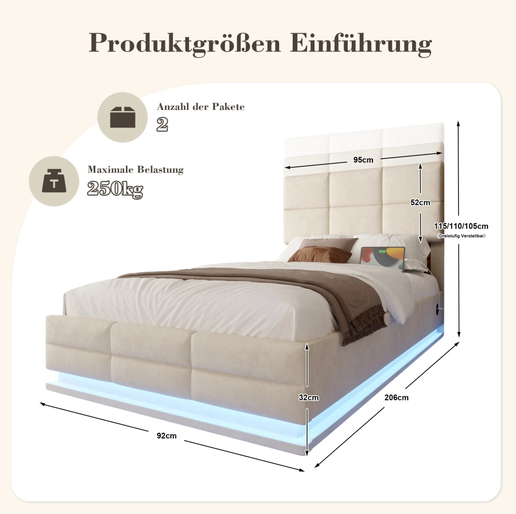Letto imbottito moderno 90x200 cm in velluto beige con testiera regolabile; LED e USB