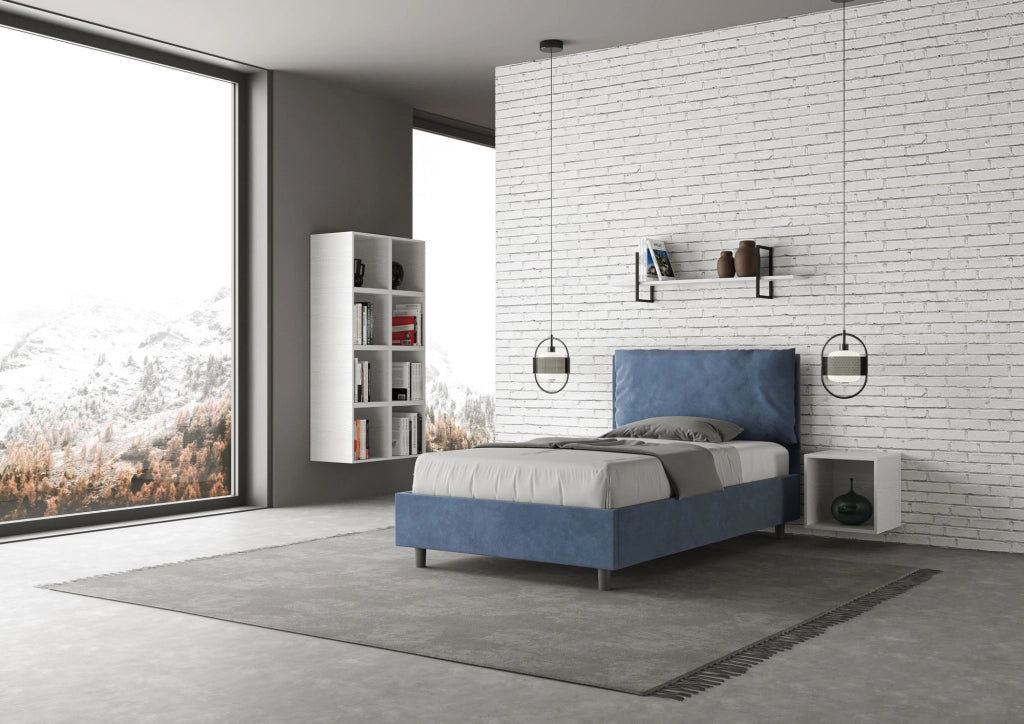 BS COM Letto una piazza e mezza senza rete imbottito 130x190 microfibra blu Large