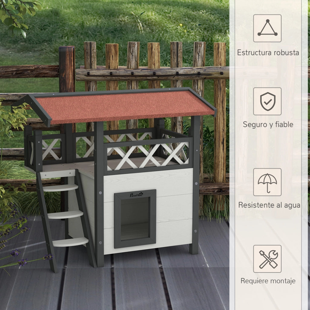 Casetta per Gatti 2 Livelli con Scala e Balcone ¨C Zephmum ¨C Bianco 77x50x73 cm