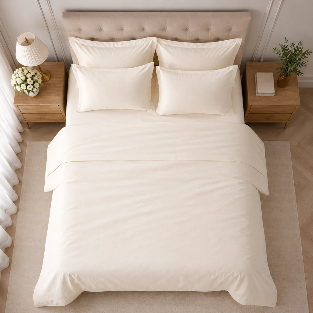 Rova, set Completo Letto Matrimoniale in Cotone, Bianco Avorio