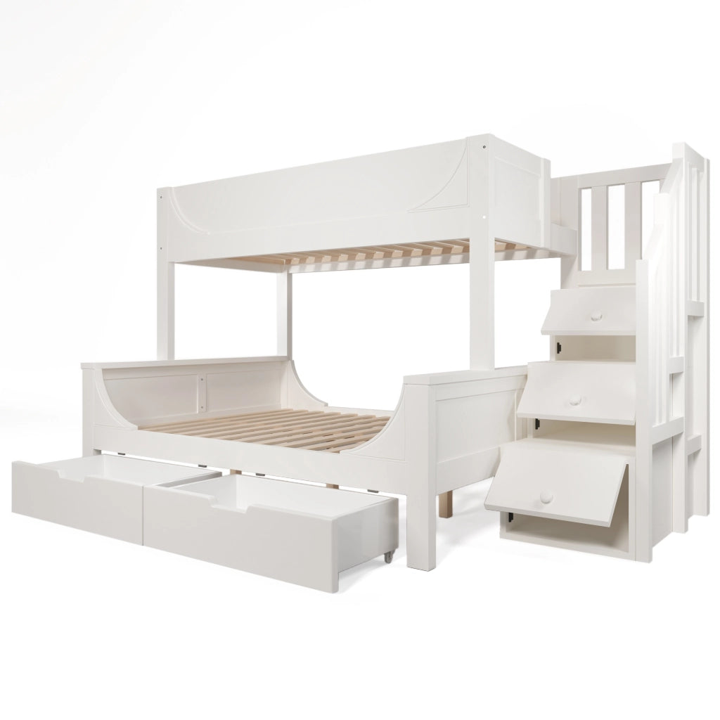 Letto a castello per bambini bianco con scala contenitore, cassetti e rete a doghe, 90x200/140x200 cm