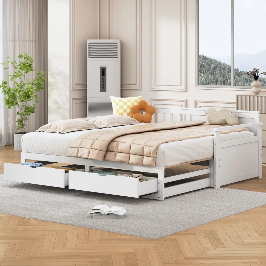 Letto Singolo Estraibile con Cassetti e Rete in Pino ¨C MINIMAL ¨C Bianco 90x190