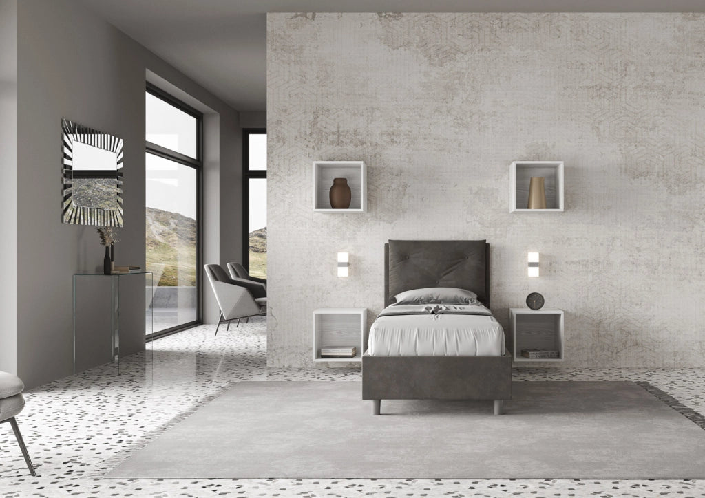 BS COM Letto singolo con rete imbottito 90x210 microfibra grigio