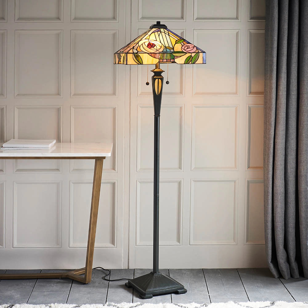 Lampada da terra Tiffany WILLOW paralume quadrato rose 2xE27