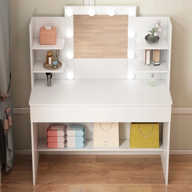 Tavolo da trucco moderno con specchio a LED, 110 cm, presa elettrica