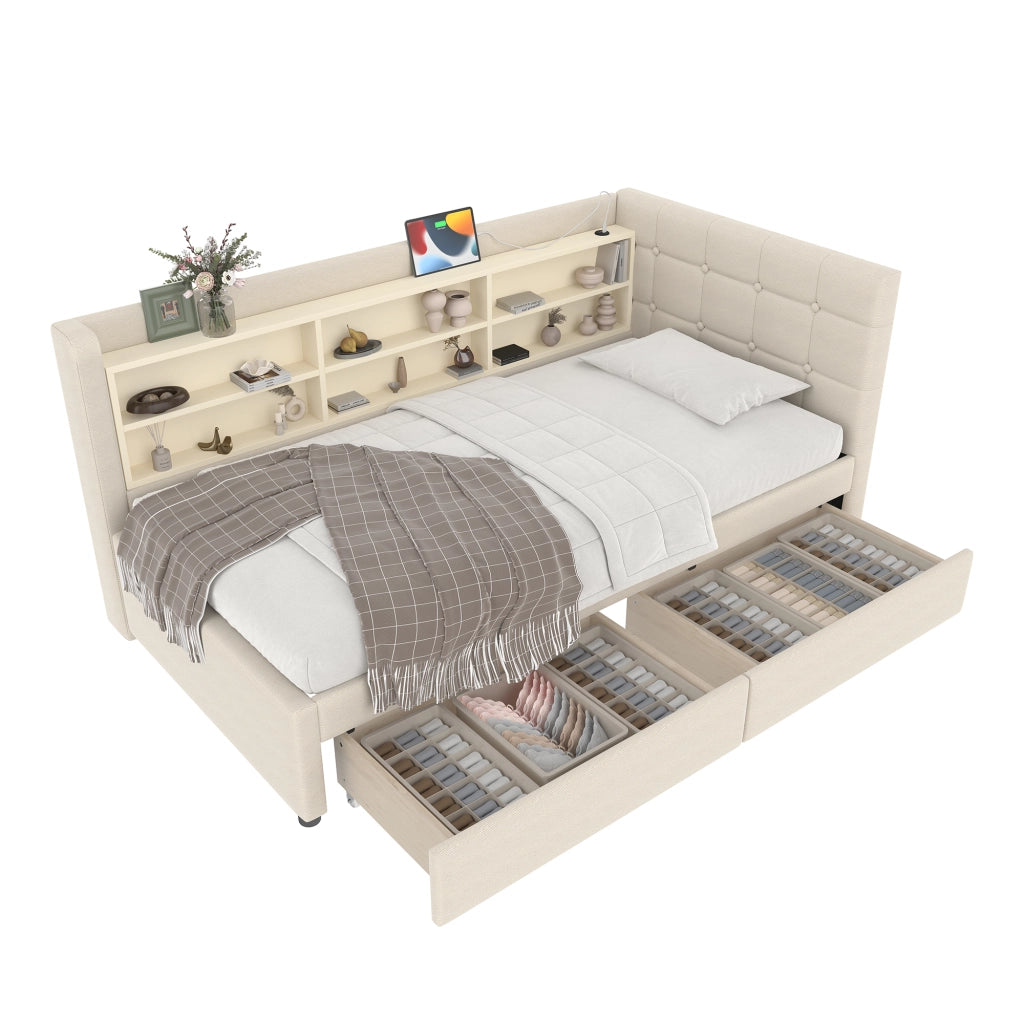 Letto a giorno con 2 cassetti; porta USB e Tipo-C; ripiani e doghe; lino beige; 90x200 cm; senza materasso