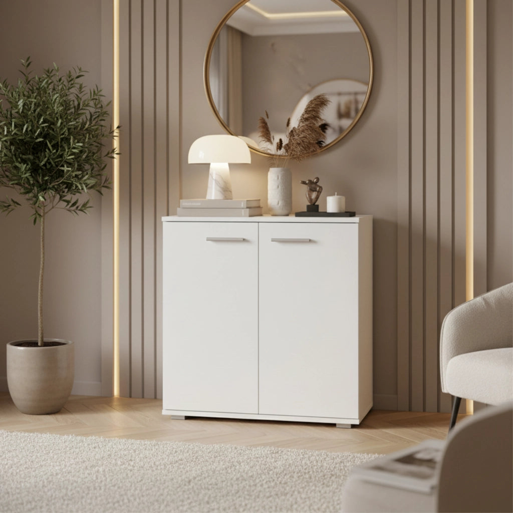 Commode FAUSKE - Capiente - 2 Porte - Bianco - Larghezza 69 cm, Altezza 74 cm, Profondit? 34 cm