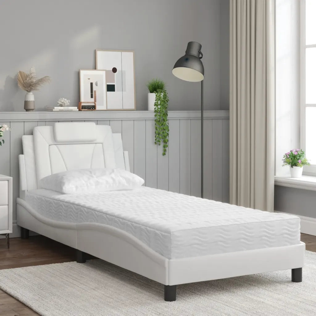 Letto singolo | Letto per adulti | Letto Viana con Materasso Bianco 90x200 cm in Similpelle