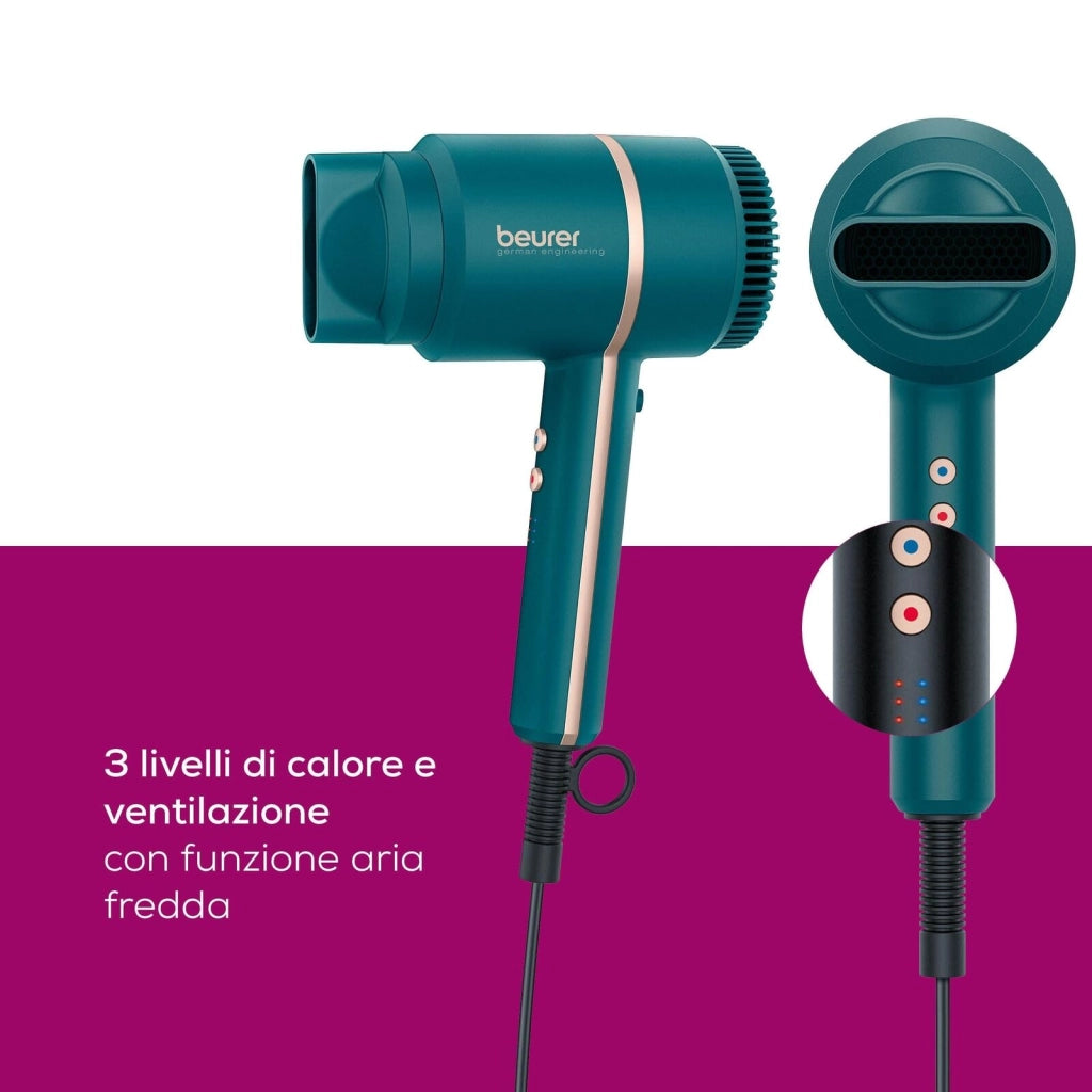 Beurer HC 35 Ocean Asciugacapelli 2000 W Ioni 3 velocita' 3 temperature Custodia e Concentratore inclusi colore Blu Petrolio