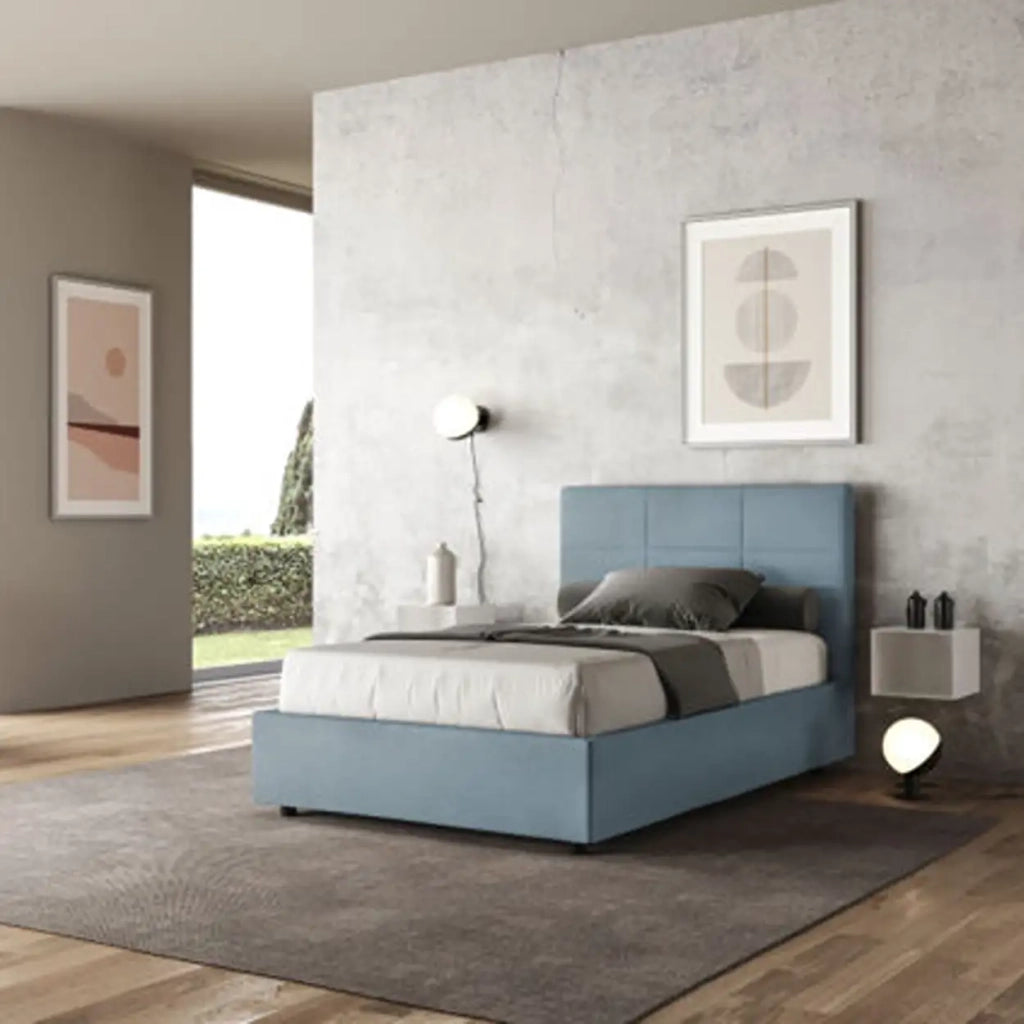 Letto una piazza e mezza con rete imbottito 120x190 microfibra azzurro Mika