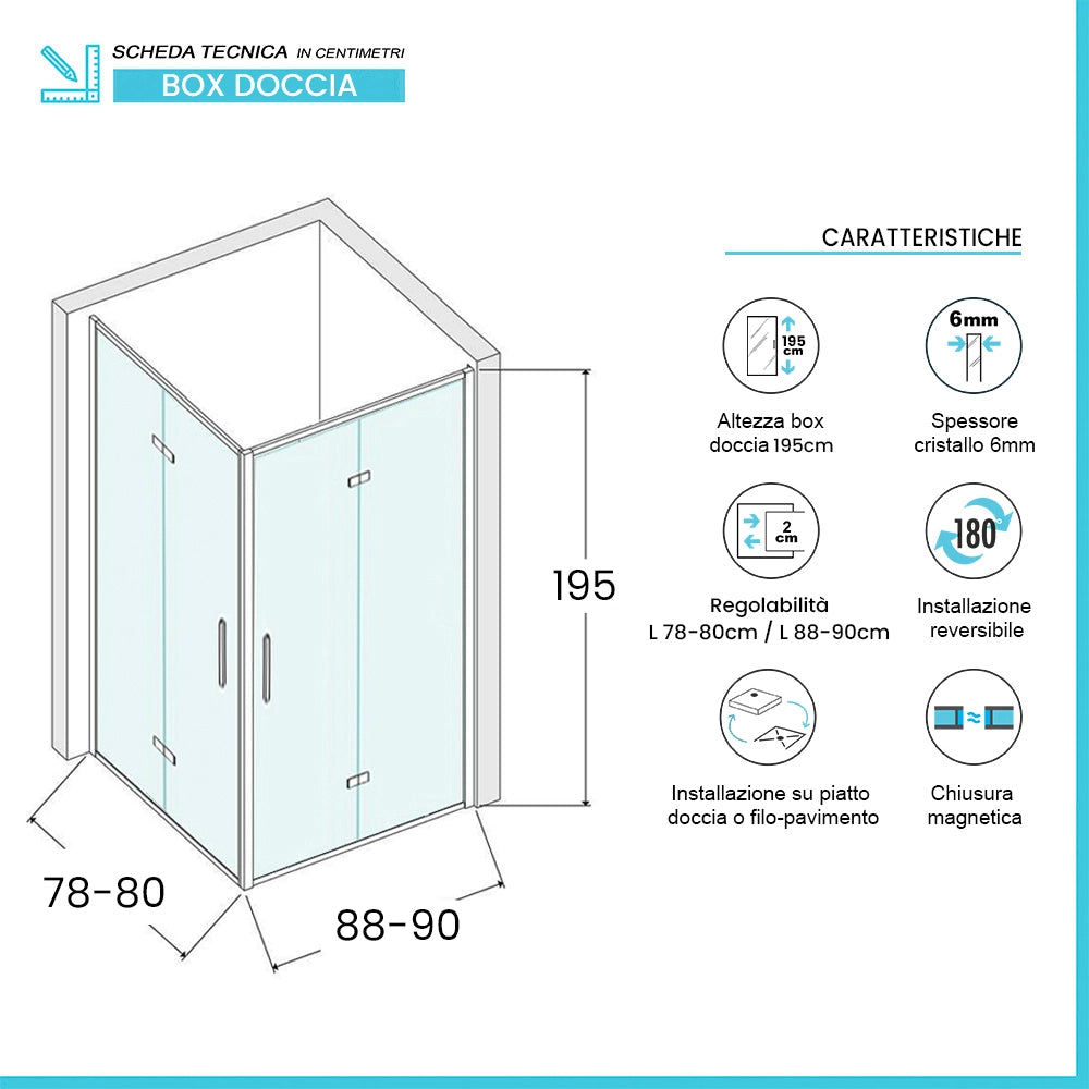 Box doccia angolare 80x90 in vetro temperato trasparente doppio soffietto con profili cromo Neos