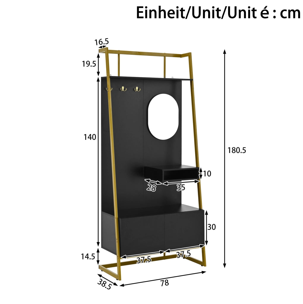 Guardaroba da ingresso 78x38.5x180.5 cm con specchio e vano scarpe nero