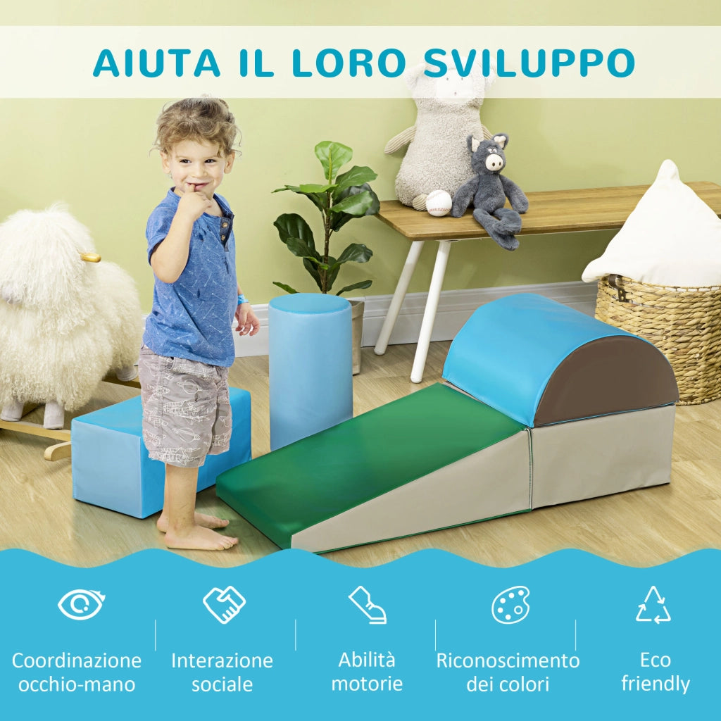 Set Costruzioni Morbide per Bimbi 1-3 Anni con 5 Blocchi Colorati, Set da Gioco Blocchi Morbidi per bambini in Finta Pelle e Schiuma, Marrone, Cachi, Blu, Verde e Celeste