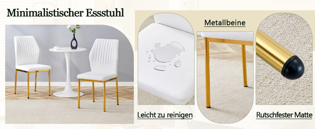 [Set di 4] Sedie da pranzo in stile lussuoso e leggero: schienale in PU bianco con goffratura verticale + gambe in metallo dorato, adatte a sale da pr