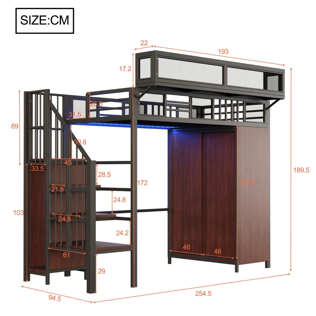 LETTO a soppalco 90x200 cm nero in metallo e legno con armadio e LED