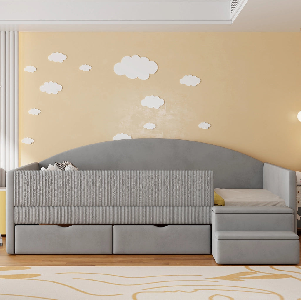Letto imbottito 90x190 cm con 2 cassetti, sponde protettive e gradini