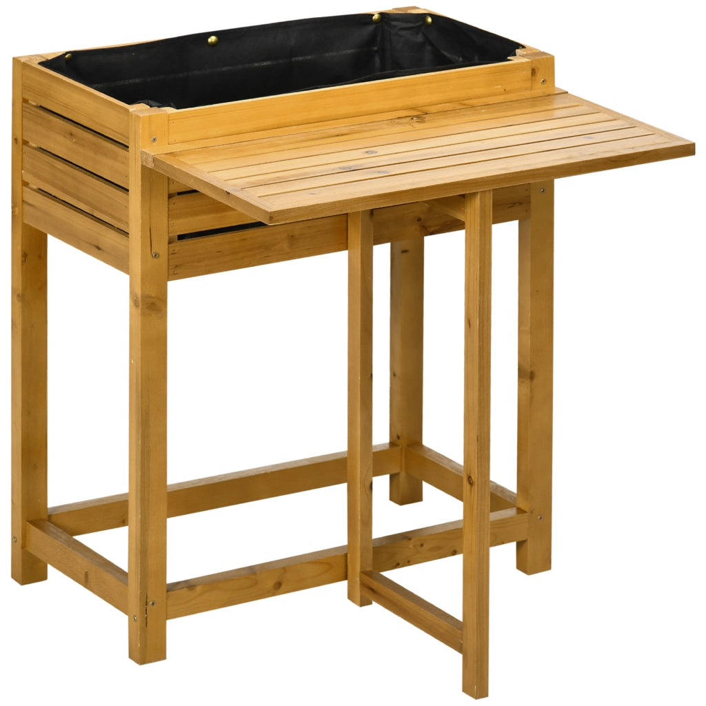Aiuola rialzata con piano di lavoro pieghevole, in legno massello laccato, con rivestimento in pile, 64 cm x 63 cm x 74,5 cm