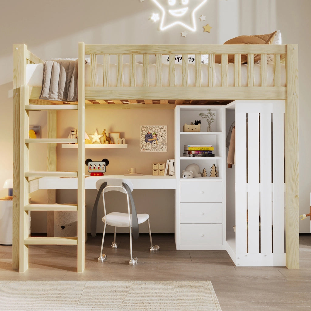 Letto a soppalco singolo 90×200 cm con scrivania; armadio; 3 cassetti e scale; senza materasso; pino; naturale
