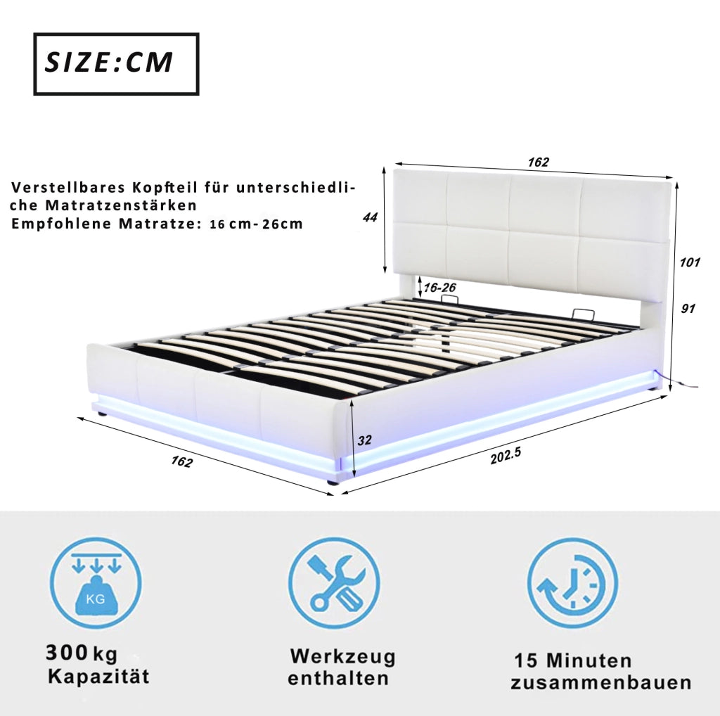 Letto matrimoniale imbottito 160x200 cm con LED e vano contenitore