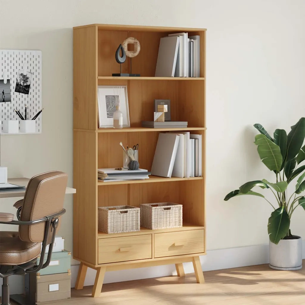 Libreria 4 Ripiani-Scaffale per Libri-Mobile di Stoccaggio OLDEN Marrone in Legno Massello di Pino