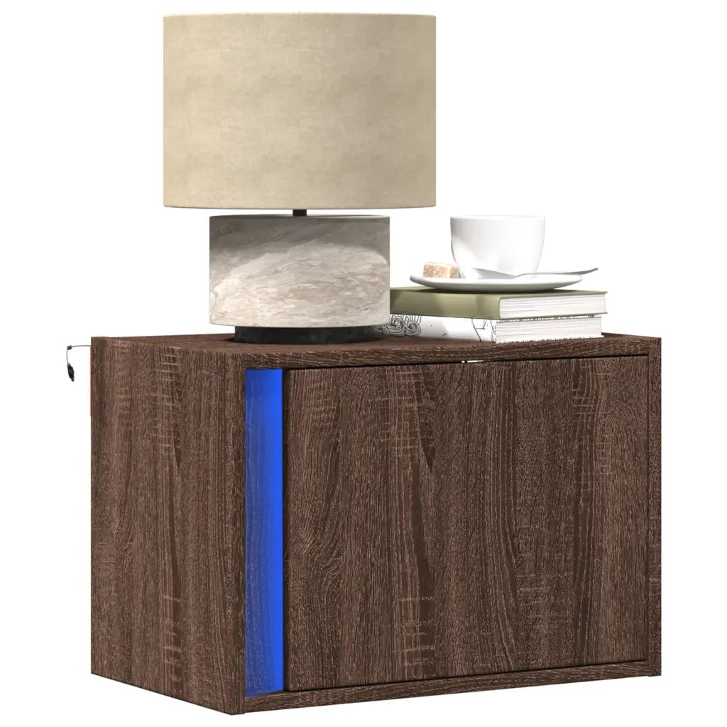 Set di 2 Comodini | Armadio da Notte | Mobiletto da notte a Parete con luci LED Rovere Marrone