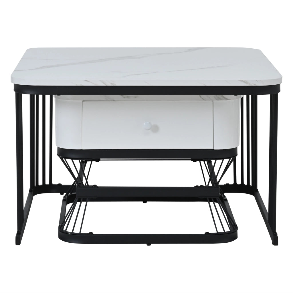 Set di 2 tavolini da salotto quadrati in effetto marmo lucido, bianco e nero, 70x70x45 cm + 50x50x40 cm, con 1 cassetto