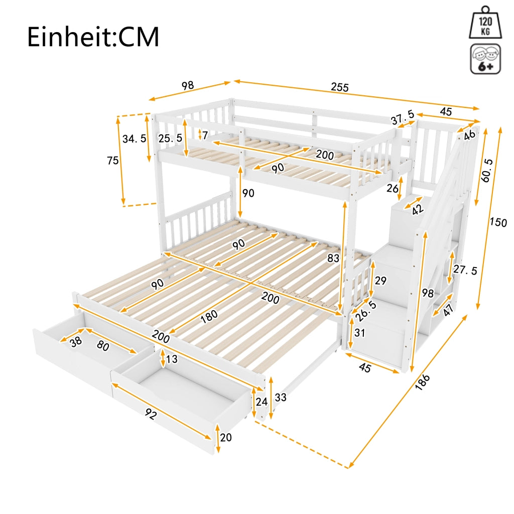 DESMIU Letto a castello 90 × 200 cm 2 posti con letto estraibile, 2 cassetti, senza materasso, in legno bianco