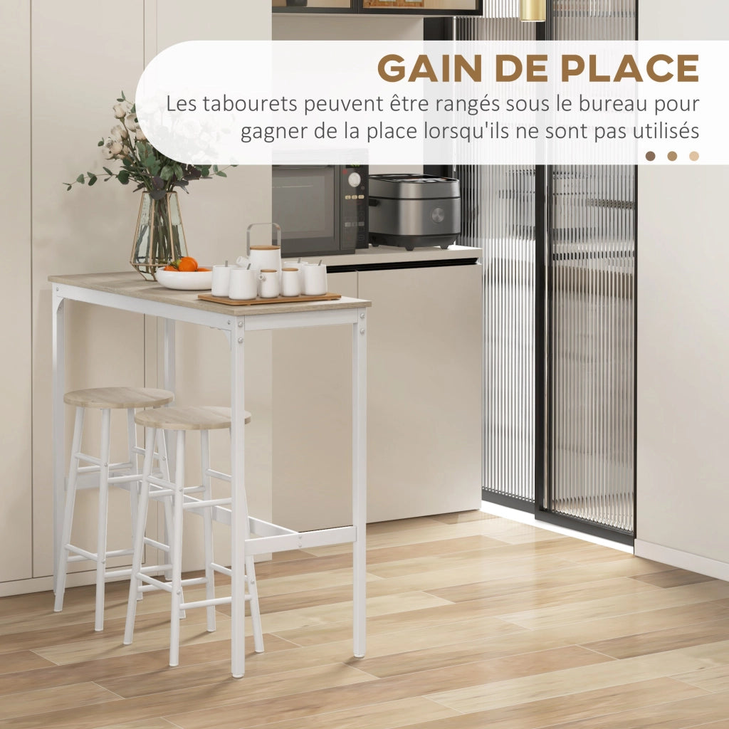 Set tavolo bar alto + 2 sgabelli con piano effetto legno naturale e telaio in metallo bianco per 2 persone