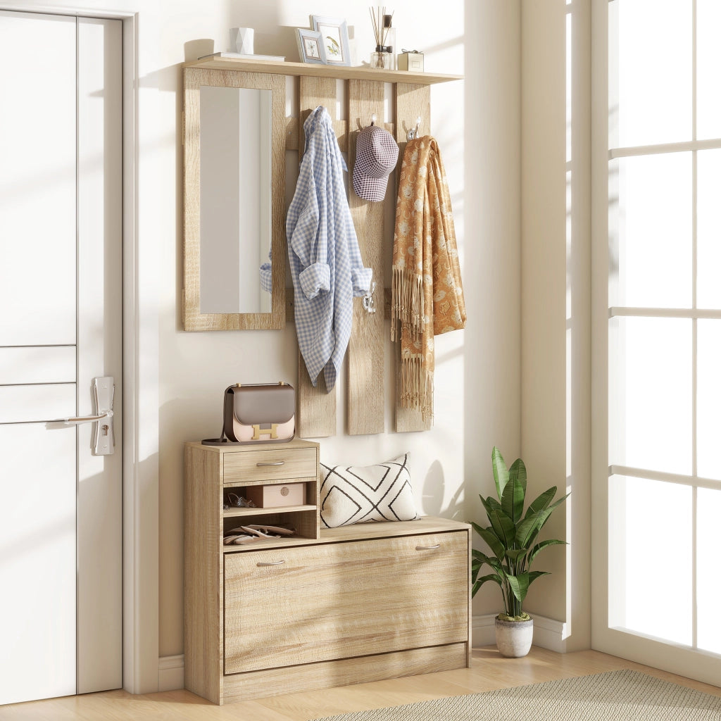 Mobile Appendiabiti con Scarpiera e Specchio ¨C Xylo ¨C Legno Quercia, 90x10x91 cm