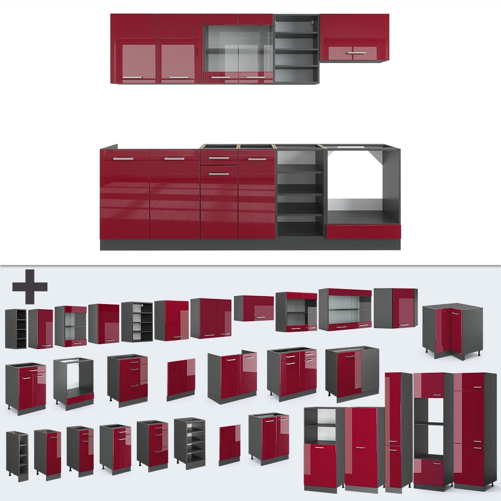 Cucina componibile R-Line Rosso lucido/Antracite 240 cm, PL Marmo Vicco